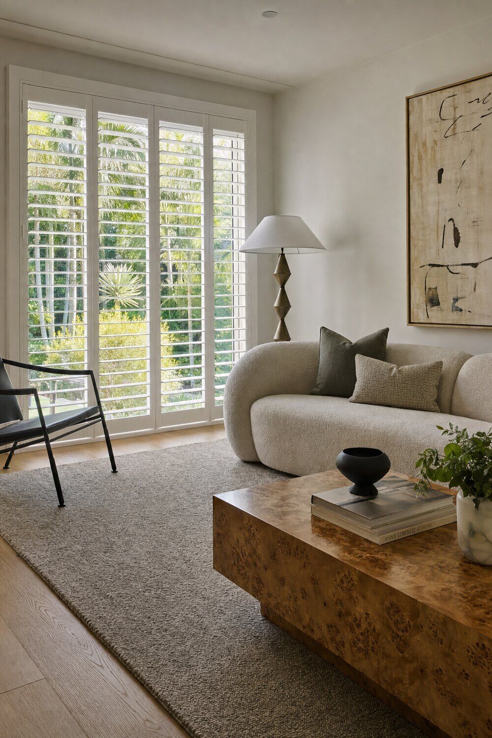 Interior shutters with the louvers angled in a quiet room
