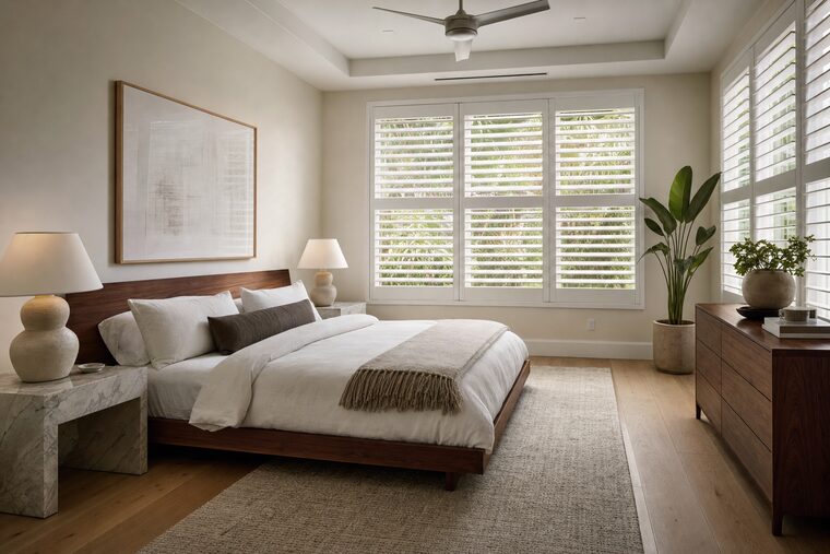 A primary bedroom with a low walnut bed and marble bedside tables, wide-louver white plantation shutters across two windows tilted over the bed