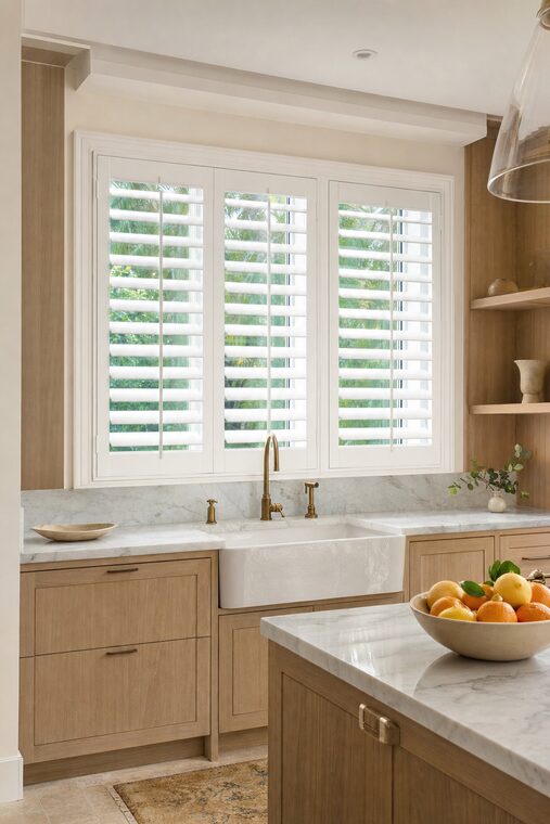 A kitchen with white oak cabinetry, a marble backsplash, and an apron sink, crisp white plantation shutters open over the window above it