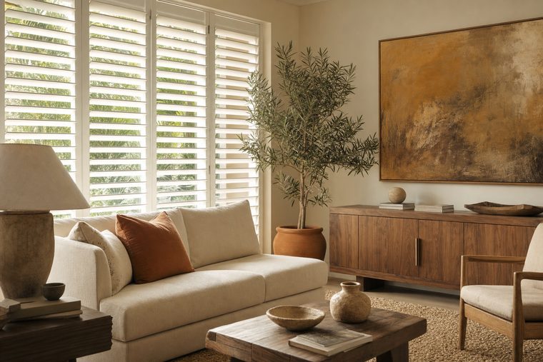 A living room in warm neutrals with full-height white plantation shutters across a wide window, louvers angled open