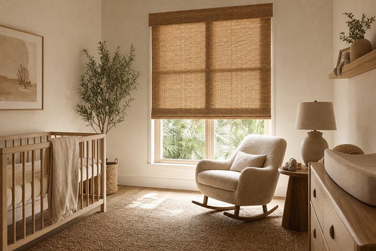 A nursery with a pale oak cot and a boucle rocking chair, a natural woven wood shade lowered over the window with light filtering through the weave
