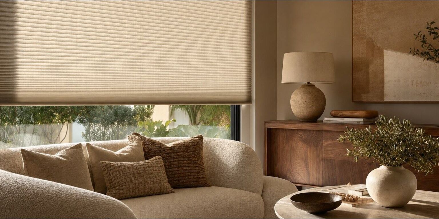 A living room with a cellular honeycomb shade lowered over a wide window, its fine pleated cells picked out in raking light