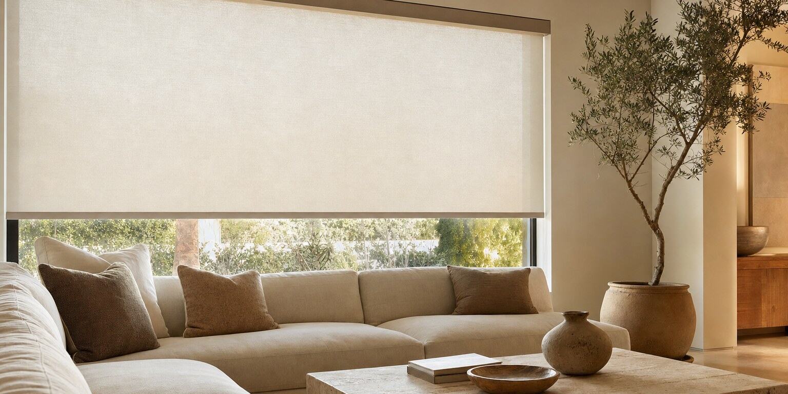 A living room with a bone roller shade lowered over a wide window, one flat clean panel of fabric with daylight glowing through it