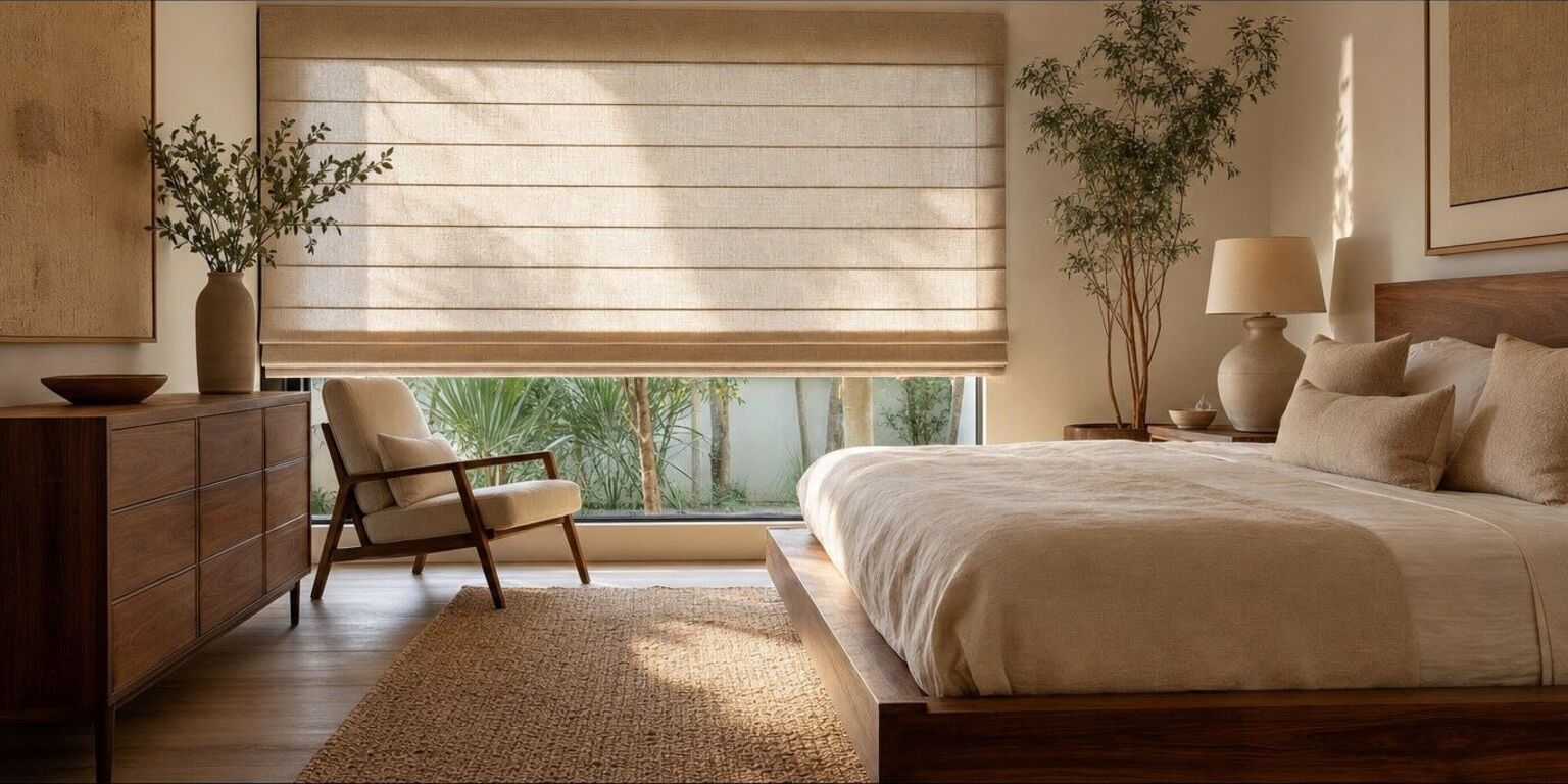A bedroom in morning light with a natural linen roman shade lowered over a wide window, its soft horizontal folds catching the light