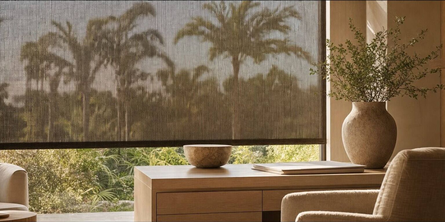 A room in strong afternoon sun with a charcoal open-weave solar shade lowered over a wide window, palms visible straight through the weave
