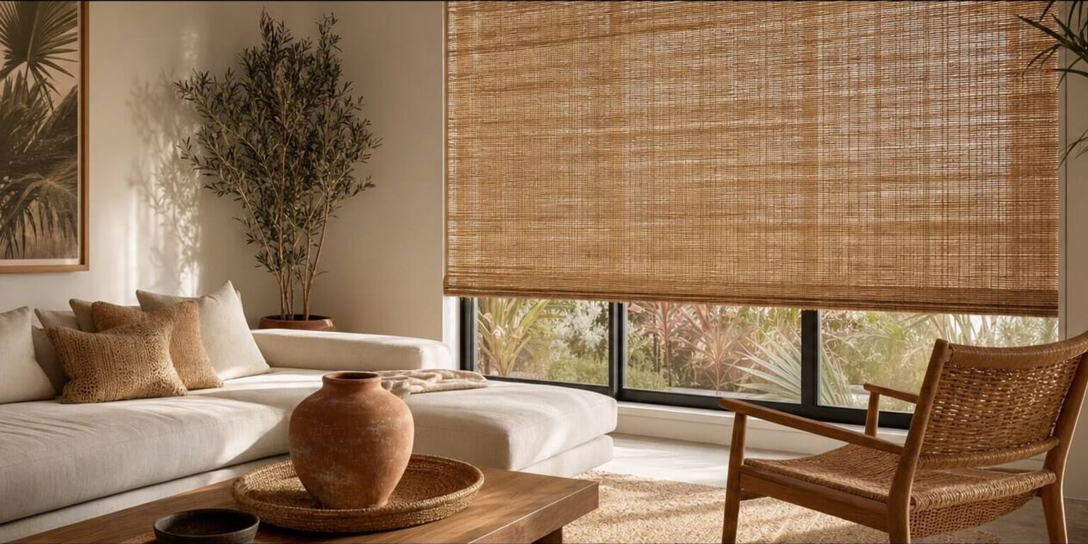 A sitting room with a natural woven wood shade of bamboo reeds lowered over a wide window, light filtering through the weave