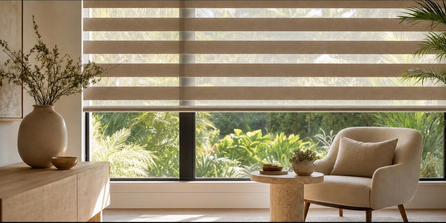 A room with a banded shade over a wide window, its alternating bands of sheer and solid fabric half-overlapping so the garden shows softly through