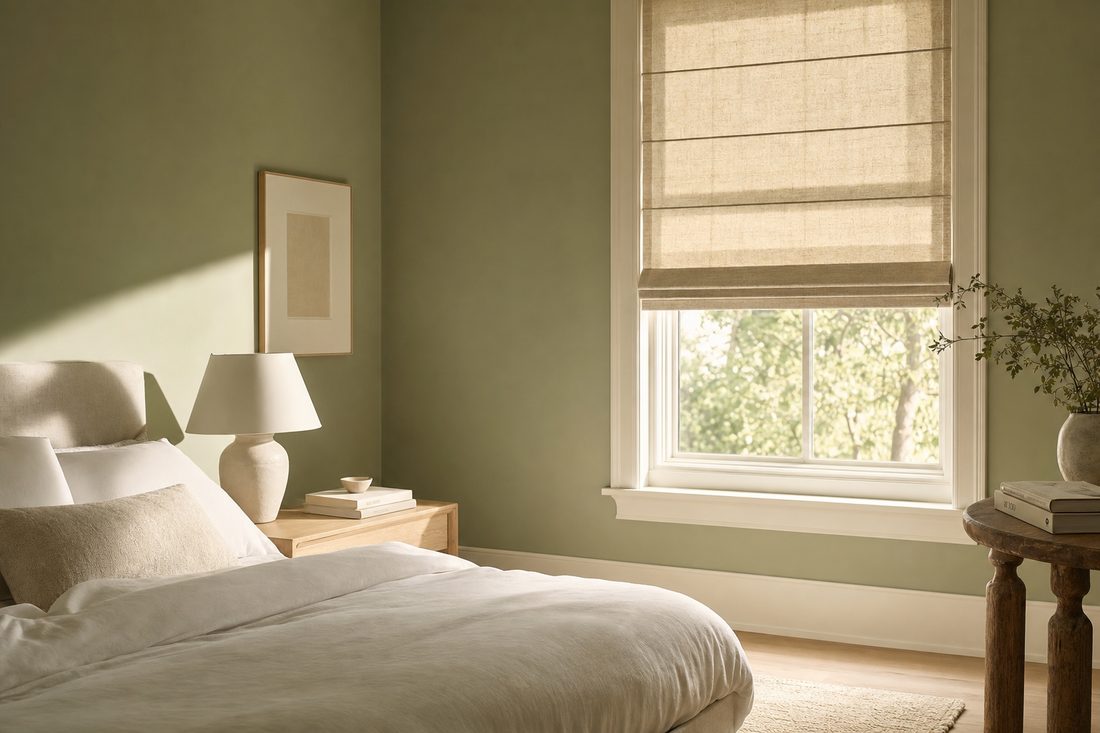 A sage-green bedroom with a natural linen roman shade lowered against strong south-facing light