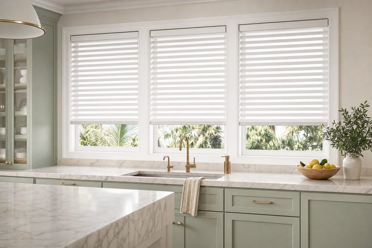 A kitchen with pale green shaker cabinetry and three tall windows above a marble counter, motorized white faux-wood blinds lowered to the same height with the slats half open