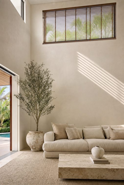 A living room with a very high clerestory window fitted with motorized wood blinds, louvers tilted to cut the overhead sun and throwing soft bars of light down a plaster wall