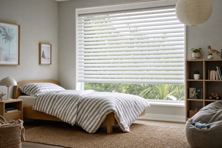 A child's bedroom with motorized white painted wood blinds lowered and tilted half open over the window, completely cordless