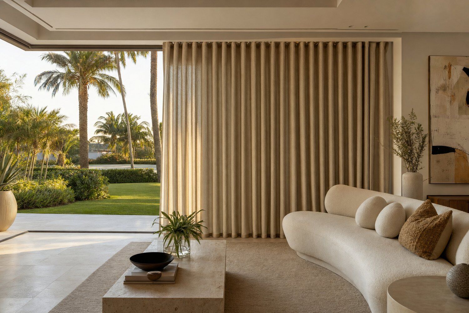 A coastal living room at golden hour with motorized oatmeal linen drapery drawn two thirds across a wide window wall in deep even ripple folds