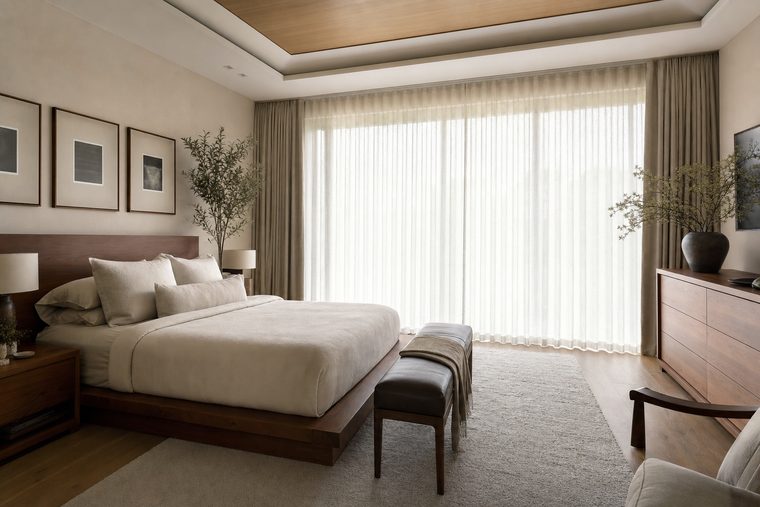A primary bedroom in soft morning light with motorized sheer linen drapery drawn fully closed across a wide window, heavier oatmeal side panels stacked at each end