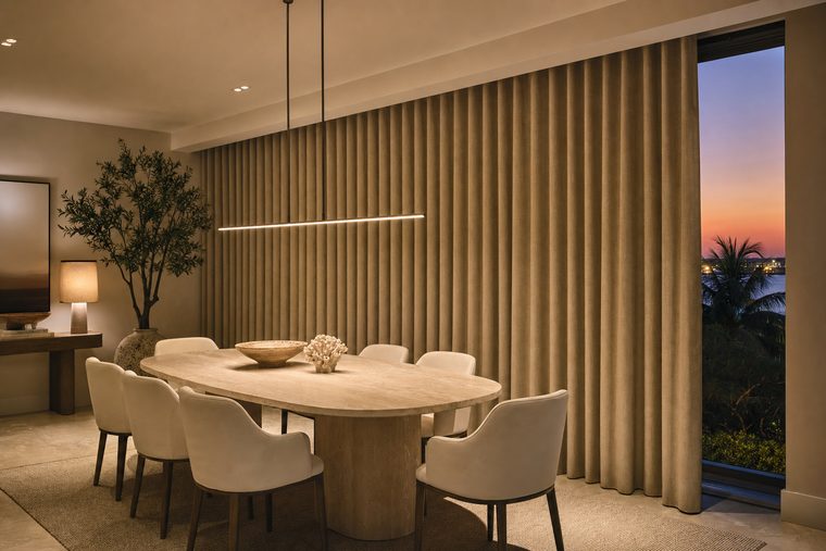 A dining room at dusk with motorized deep sand linen drapery drawn most of the way across a tall window wall, a slot of evening sky still showing at one end