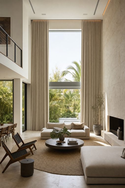 A double-height living room with very tall motorized pale greige linen drapery running the full two-story height of a window wall, parted evenly at the center