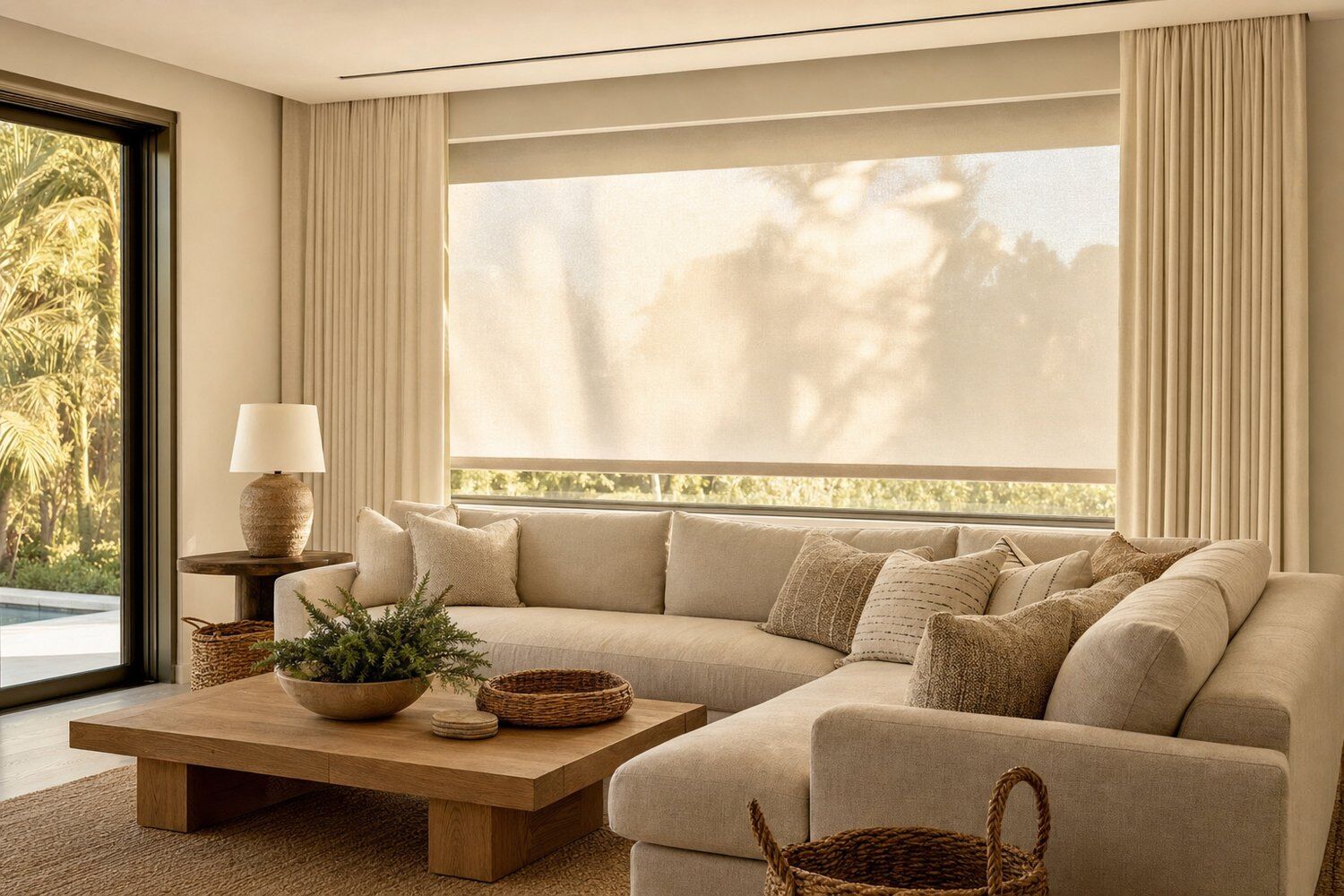 A living room with a pale motorized shade lowered over a wide window and linen drapery drawn back at either side