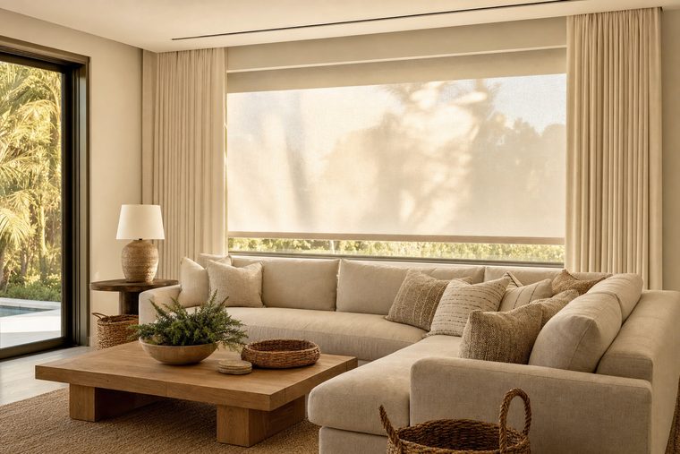 A family room with motorized ivory linen drapery drawn to each side over a lowered cream roller shade filtering the afternoon sun