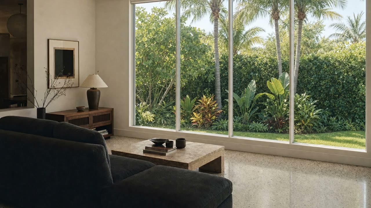 A living room with a dark sofa, walnut console, and table lamp, the tall windows open onto a sunlit garden of palms and sea grape hedge
