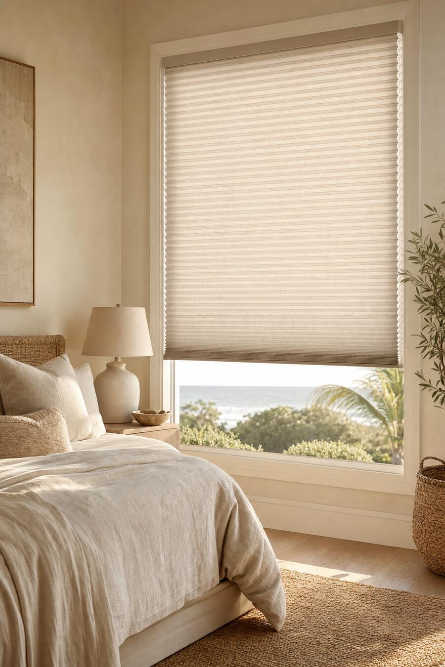 An oatmeal cellular honeycomb shade lowered three quarters in a cream bedroom, its pleated cells lit from behind, with an ocean view beneath