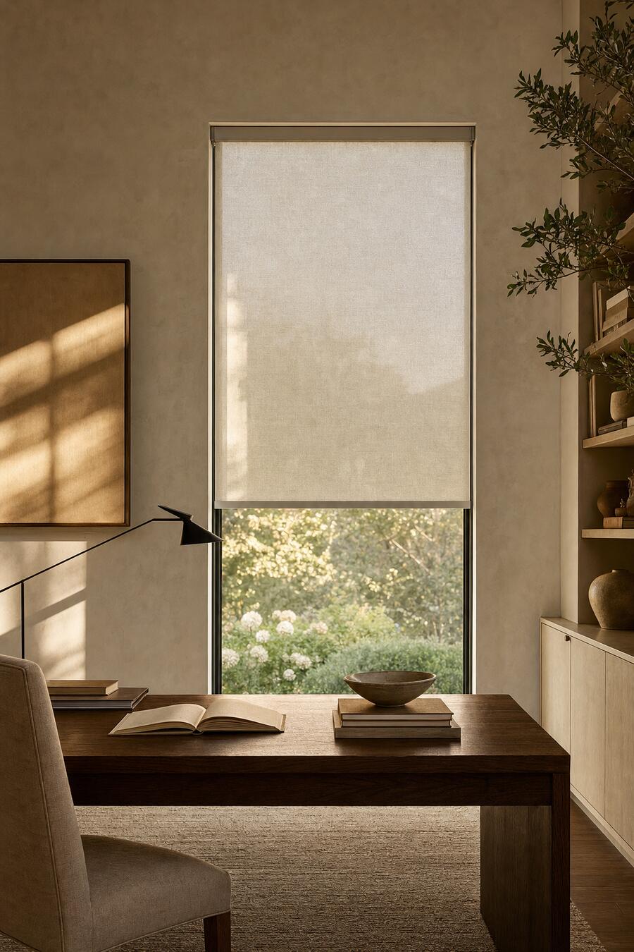 A pale oatmeal roller shade lowered halfway on a tall study window, one flat panel in a slim cassette above a walnut desk
