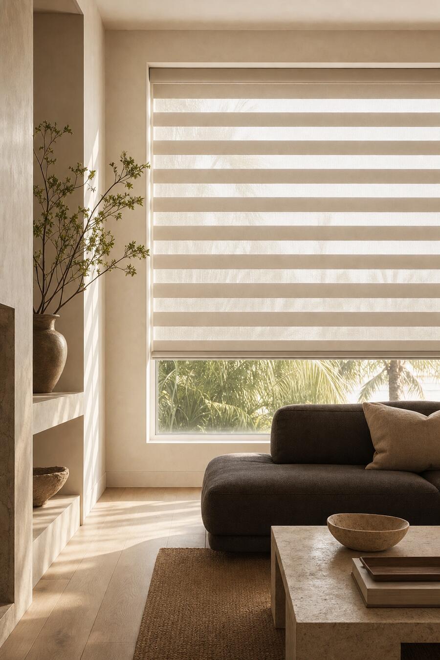 A banded shade in bone fabric lowered over a wide living room window, its alternating sheer and solid bands filtering the light onto a dark sofa
