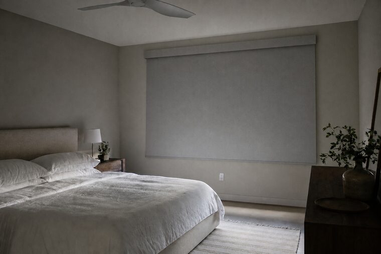A dim greige bedroom in early morning, a wide gray blackout roller shade mounted outside the frame, overlapping the window on every side
