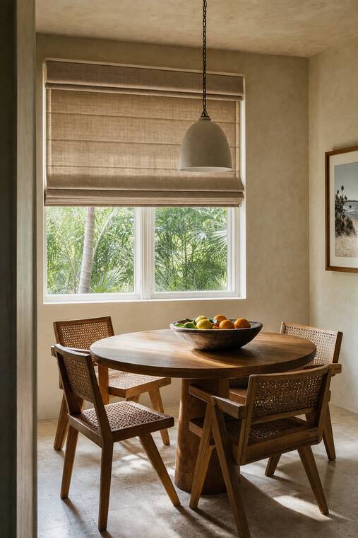 A cream dining room with a round oak table and cane chairs, a natural flax roman shade lowered halfway in soft folds