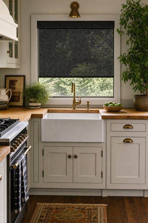 A cream shaker kitchen with brass cup pulls and an oak worktop, a charcoal open-weave solar shade over the window with the sunlit garden visible through it