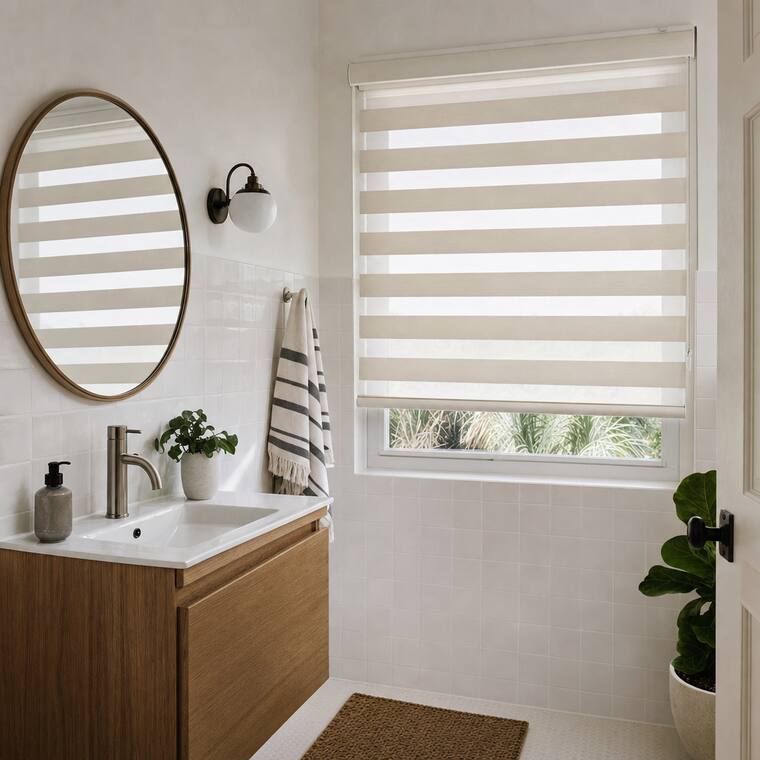 A white-tiled bathroom with an oak vanity and round mirror, a bone banded shade with alternating sheer and solid bands