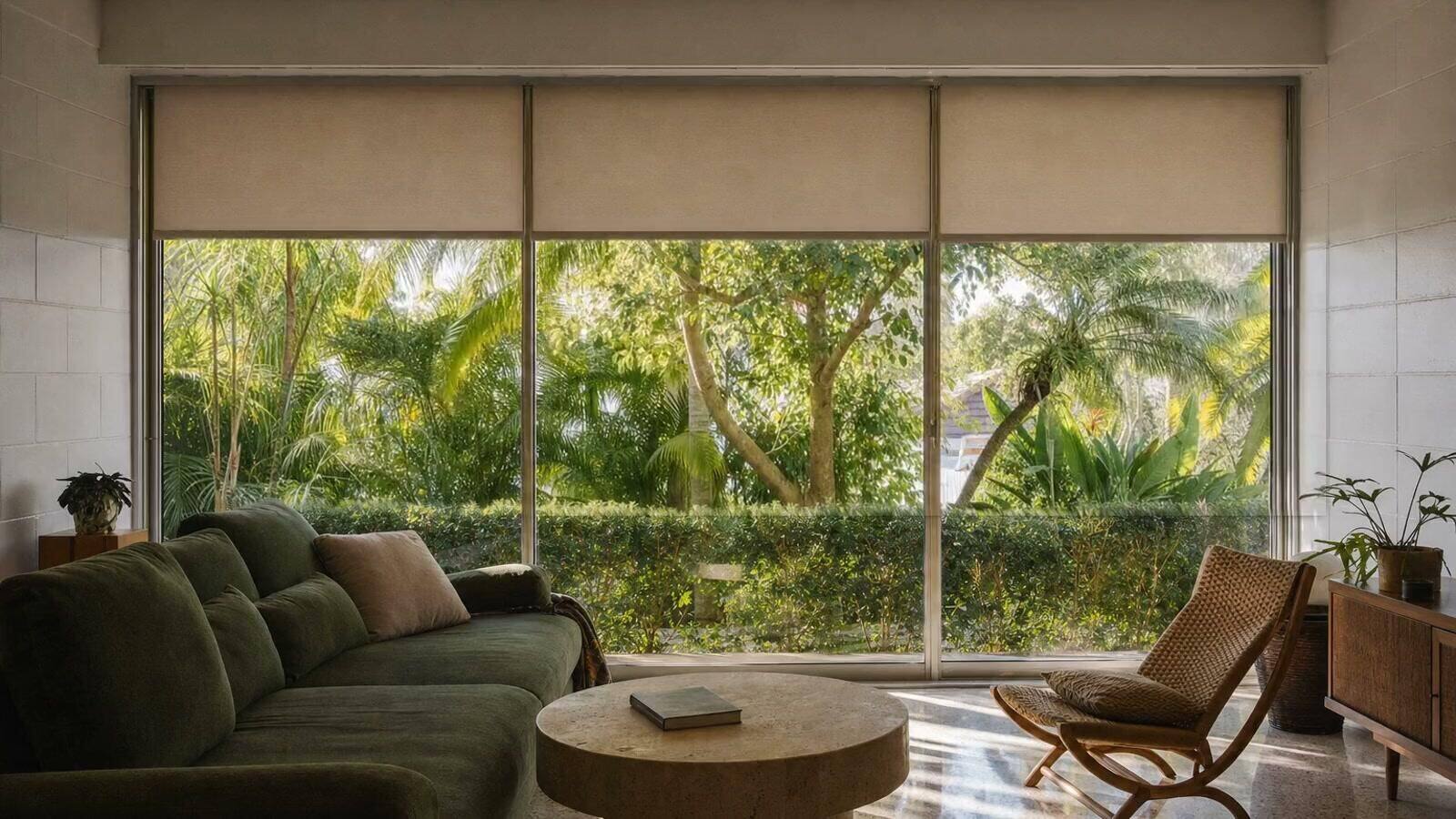 A family room with an olive sofa and a wall of sliding glass doors, pale flax roller shades set across the top, looking out to a green Florida garden of palms and planting
