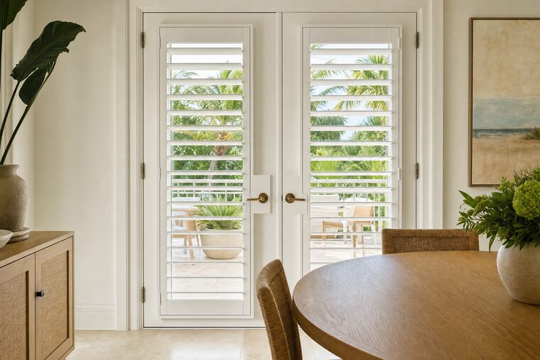 A pair of glazed French doors fitted with white plantation shutters, each panel cut out around the brass lever handle