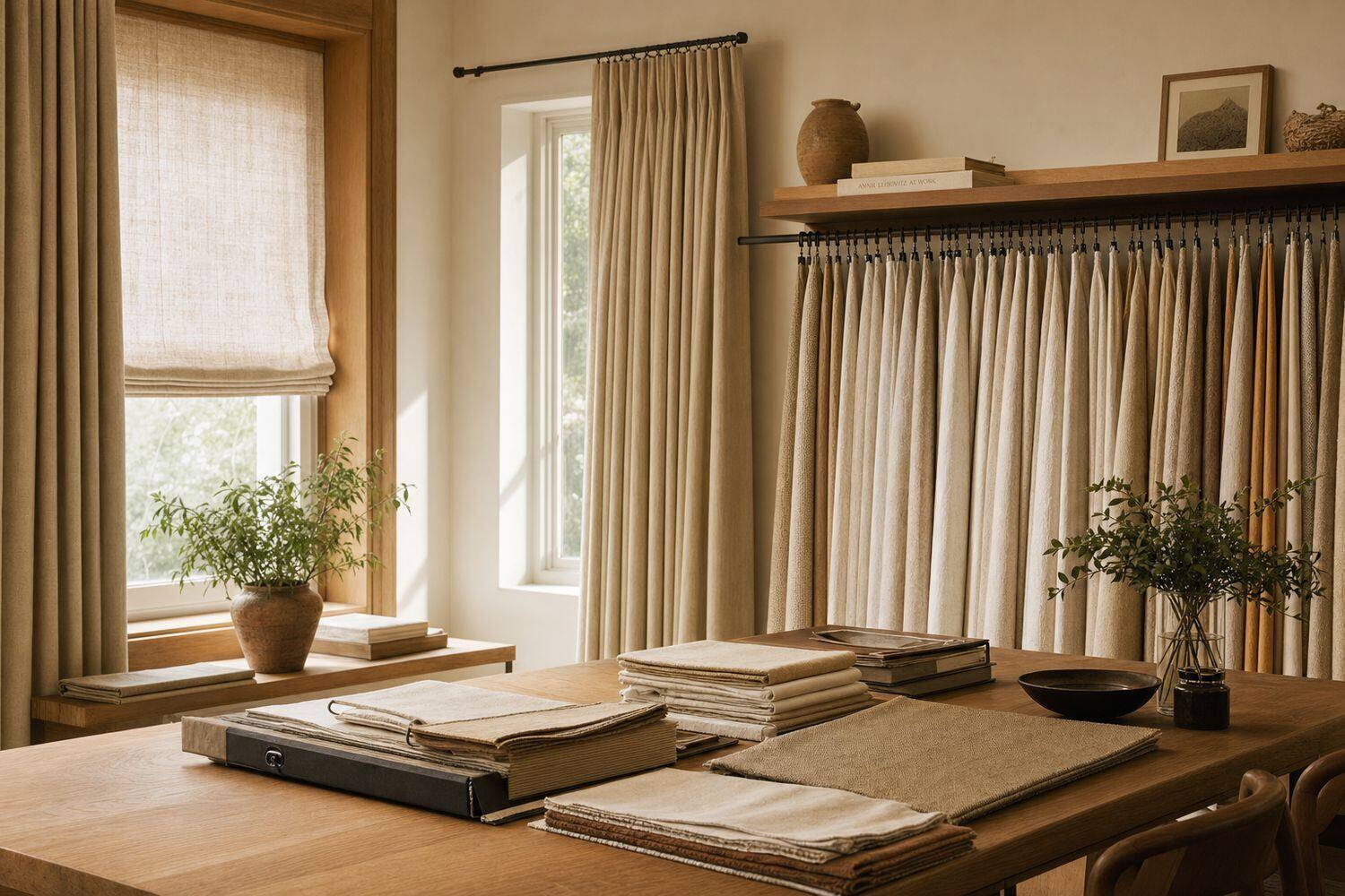 The Regency showroom: an oak table of fabric sample books beneath a wall of hanging linen swatches