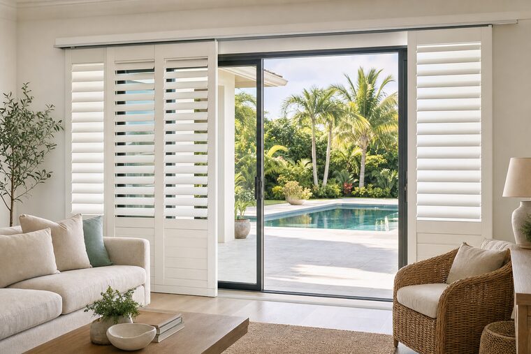 White louvered shutter panels hung on an overhead track across a sliding glass door, two slid aside to open the way to a pool terrace