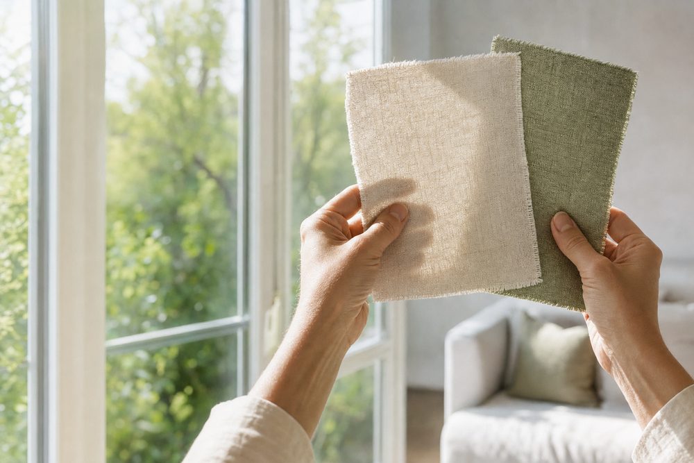 A designer holding cream and green linen samples up against a sunlit window