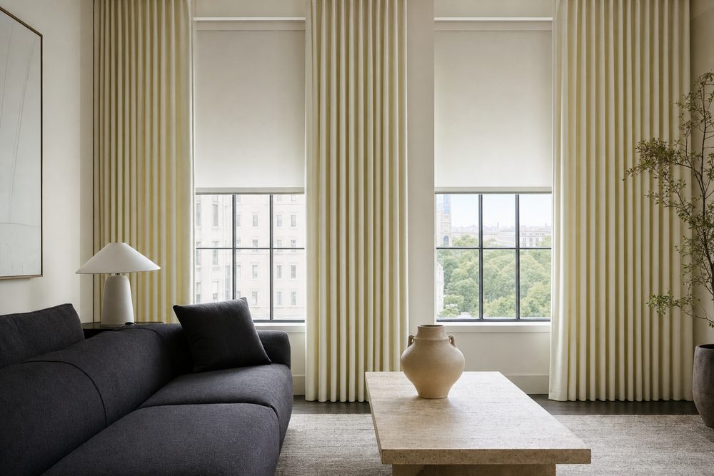 A finished living room with ivory ripple-fold drapery and pale roller shades